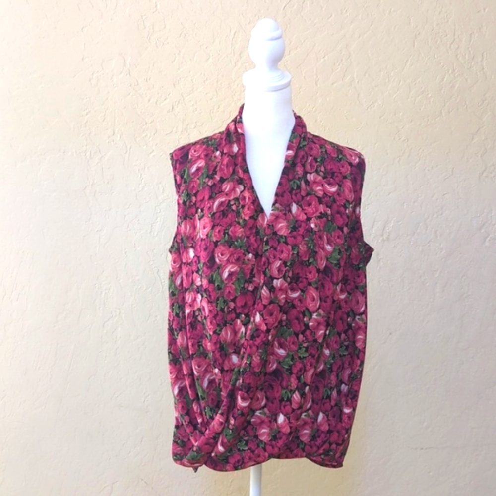 Kut from the Kloth Faux Wrap Magenta Floral Print Sleeveless Blouse Size Large